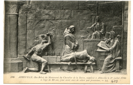 Abbeville. - Bas-relief du Chevalier de la Barre, supplicié à Abbeville le 1er juillet 1766 à l'âge de 19 ans, pour avoir omis de saluer une procession