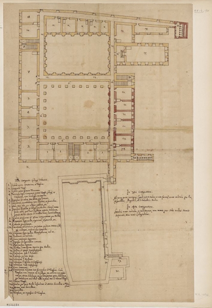 Fig. 9 : Plan de 1642. Projet approuvé en 1643, annoté en Latin, représentant le Premier Étage de l’Université. (BnF)
