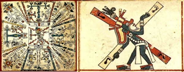 Figuras 7 a y b. Los cuatro rumbos del plano terrestre, Códice Fejérváry-Mayer, p. 1; el dios Yacatecuhtli frente a los cuatro rumbos del mundo, Códice Fejérváry-Mayer, p. 37.