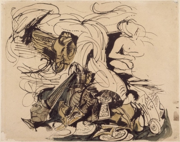 Fig. 10. Eugène Delacroix, Étude pour la Mort de Sardanapale, 1827-1928, plume, aquarelle et crayon, 26 x 32 cm., Paris, Musée du Louvre, Cabinet des dessins. 