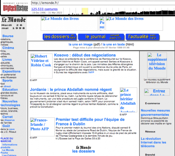 Figure 1 : Une capture d’écran du journal Le Monde du 26 mai 1998 via WayBackMachine.